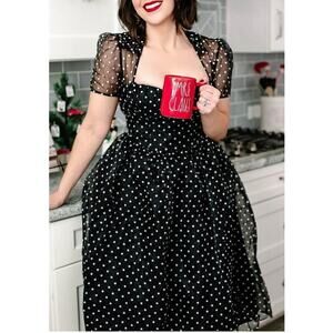 Black Polka Dot 1950s I Love Lucy Organza Swing Dress Rockabilly Sz L #15